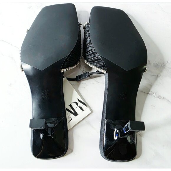 Zara Black Rhinestone High Heel Sandals Size 7.5 US 38 Square Toe Slip On New - Picture 11 of 12